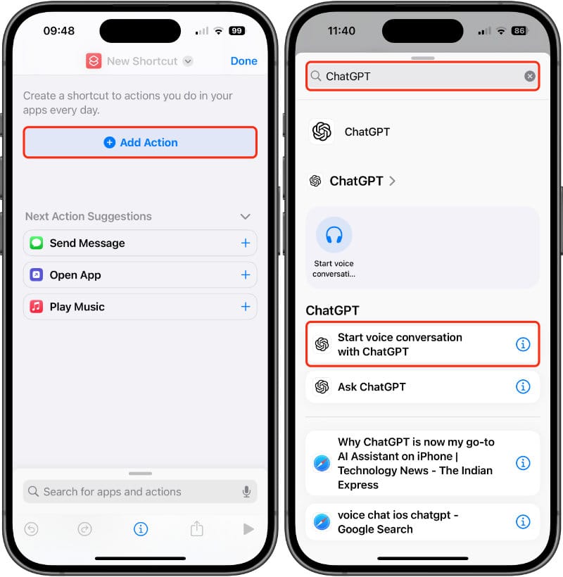 Add the “Start voice conversation with ChatGPT” action