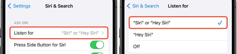 Toggle on Listen for “Siri” or “Hey Siri” in Settings