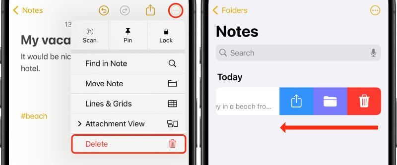 Delete a note from within the note itself, or by swiping left on the title