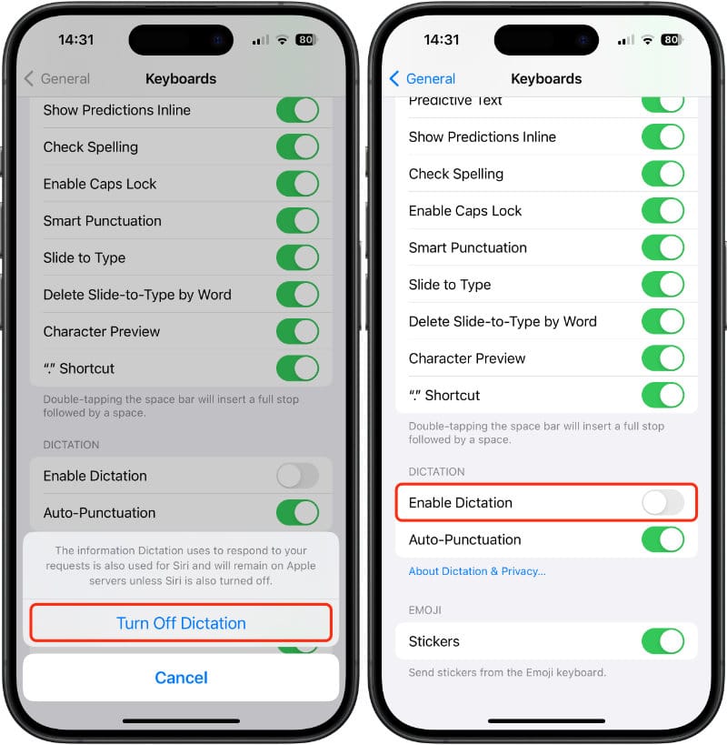 Turn off Dictation on an iPhone and iPad