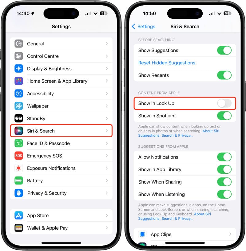 Stop Siri Suggestions appearing in “Look Up”
