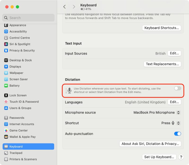 Turn off Dictation on a Mac