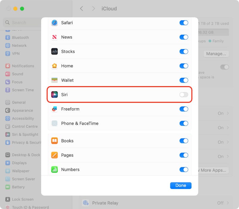 Turn off Siri in iCloud on a Mac