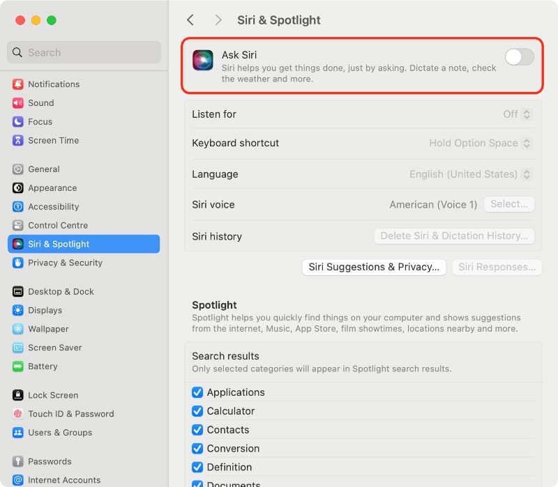 Turn off Siri on a Mac