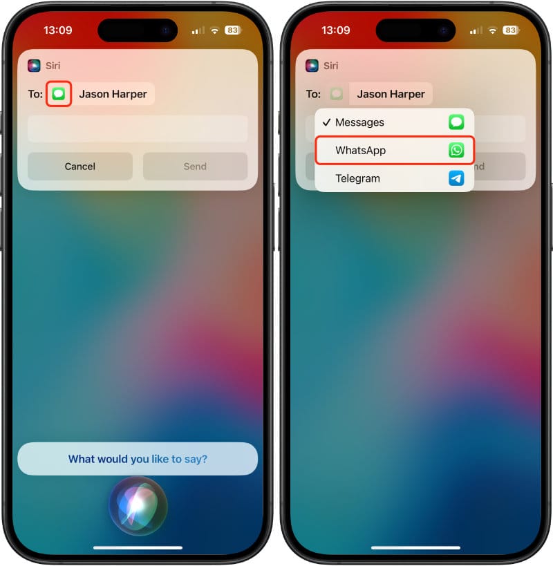 Choose WhatsApp from a list of apps