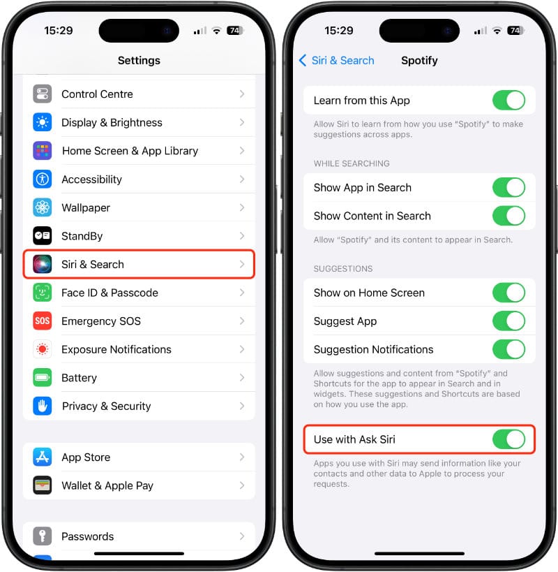 Turn “Use with Ask Siri” on or off