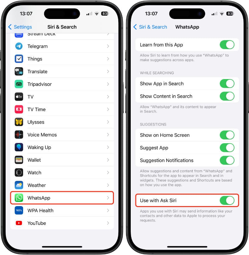 Toggle on “Use with Ask Siri”