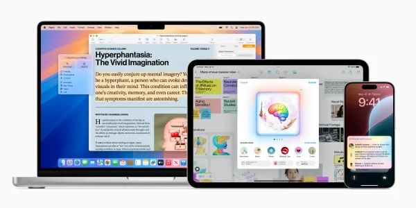Macbook, iPad and iPad running Apple Intelligence