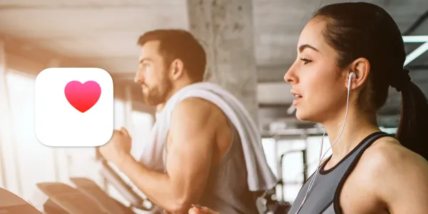 Man and woman running, behind apple health icon
