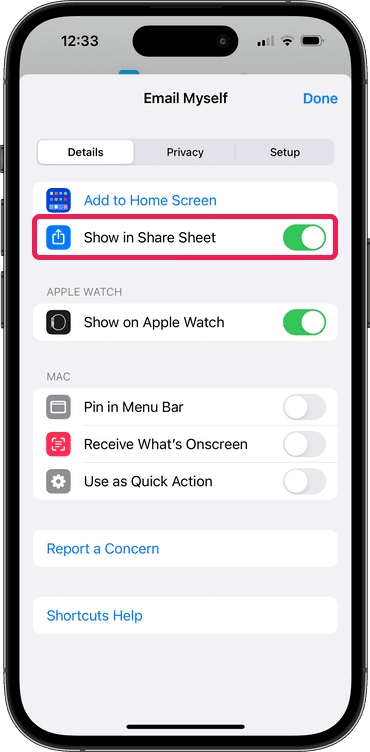 'Show in Share Sheet' has been enabled