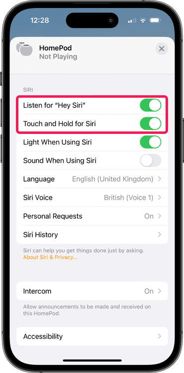 Siri settings for the HomePod